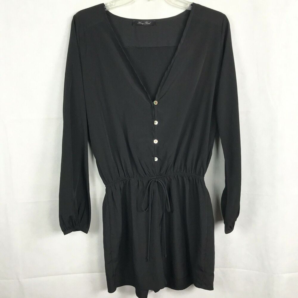 Honey Punch Romper Womens Sz M Black Lightweight V-Neck Long Sleeve Shorts